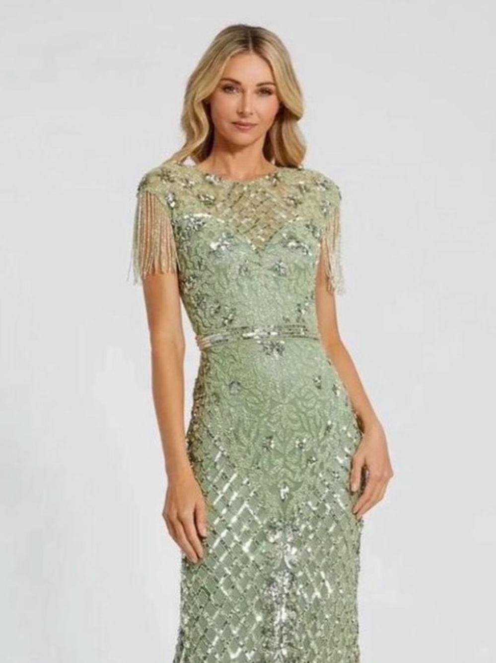 Mac Duggal Sage Beaded Fringe Cap Sleeve Maxi Gown